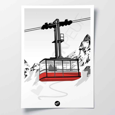 Black and white wall poster of a red cable car for decoration