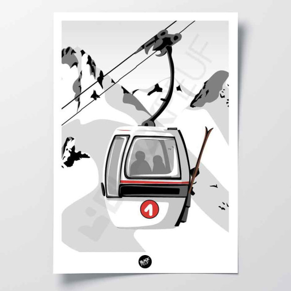 Schwarz-weißes Wandposter eines weißen Eies, das die Skipiste hinauffährt, zur Dekoration.