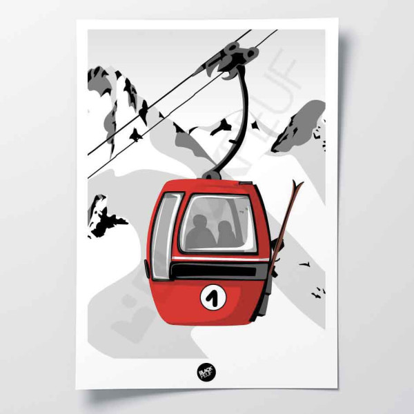 Black and white wall poster of a red egg making its way up the ski slopes, for decoration.