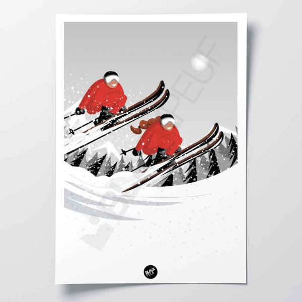 Poster da parete in bianco e nero di una romantica gita sugli sci, con tocchi di rosso per decorazione
