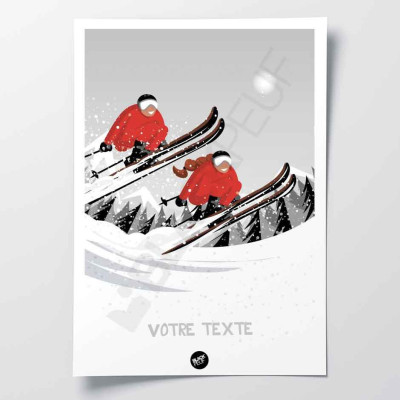 Poster da parete in bianco e nero di una romantica gita sugli sci, con tocchi di rosso per decorazione Poster da parete in bianco e nero di una romantica gita sugli sci, con tocchi di rosso per decorazione