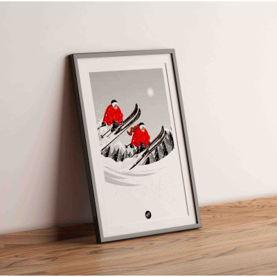 Poster da parete in bianco e nero di una romantica gita sugli sci, con tocchi di rosso per decorazione Poster da parete in bianco e nero di una romantica gita sugli sci, con tocchi di rosso per decorazione