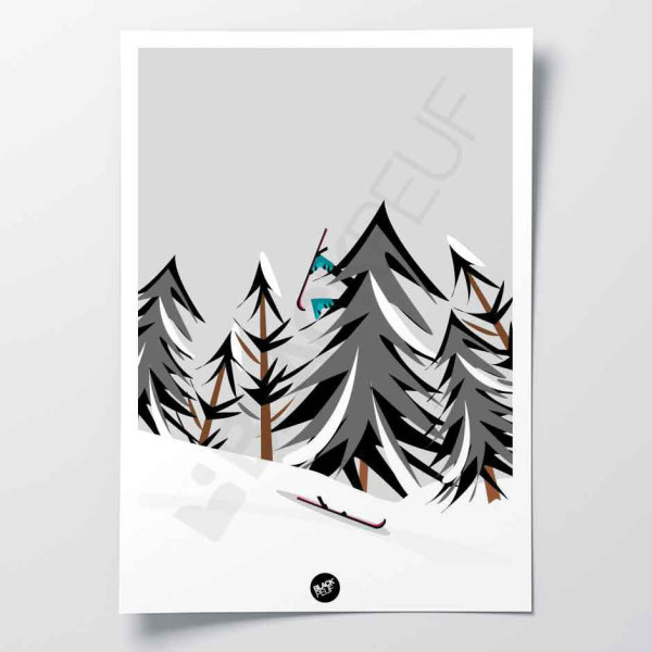 Affiche murale noir et blanc d’un skieur en saut percutant un sapin pour décoration