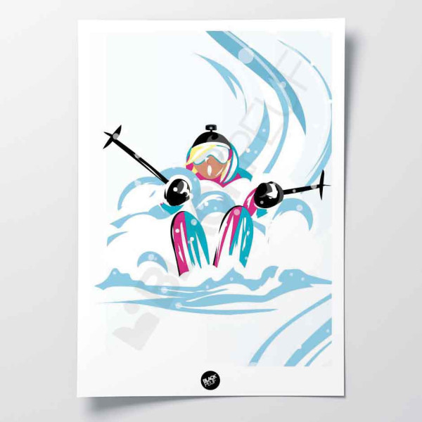 Wandposter einer Skifahrerin im Pulverschnee, Blau-, Weiß- und Rosatöne zur Dekoration
