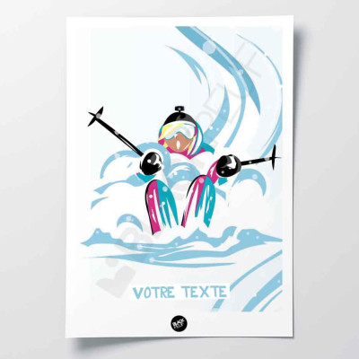 Wandposter einer Skifahrerin im Pulverschnee, Blau-, Weiß- und Rosatöne zur Dekoration Wandposter einer Skifahrerin im Pulverschnee, Blau-, Weiß- und Rosatöne zur Dekoration