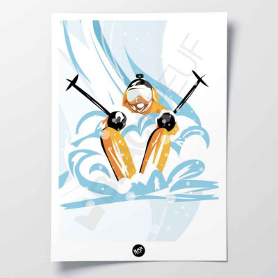 Poster da parete di uno sciatore sulla neve fresca, nei toni del blu, del bianco e del giallo per decorazione Poster da parete di uno sciatore sulla neve fresca, nei toni del blu, del bianco e del giallo per decorazione
