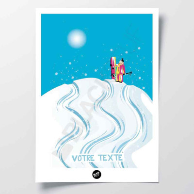 Wall poster of a ski descent on the slopes, in blue and white, for decoration. Wall poster of a ski descent on the slopes, in blue and white, for decoration.