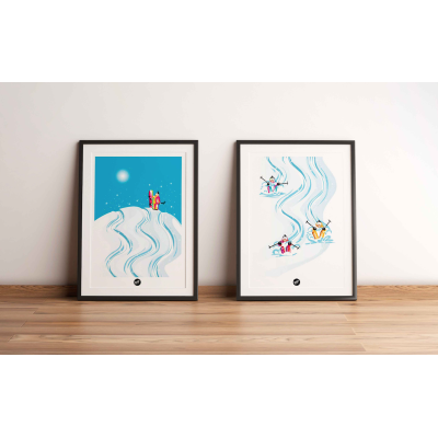 Wall poster of a ski descent on the slopes, in blue and white, for decoration. Wall poster of a ski descent on the slopes, in blue and white, for decoration.
