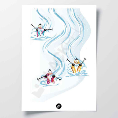 Wall poster of a ski descent on the slopes, in blue and white, for decoration Wall poster of a ski descent on the slopes, in blue and white, for decoration