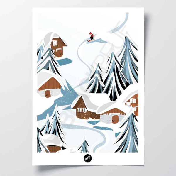 Poster da parete di uno chalet sulle piste da sci, con toni bianchi, blu e marroni come decorazione