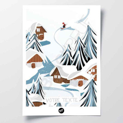 Affiche murale d’un chalet sur les pistes, tons blanc, bleu et marron pour décoration Affiche murale d’un chalet sur les pistes, tons blanc, bleu et marron pour décoration