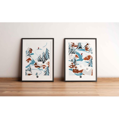 Affiche murale d’un chalet sur les pistes, tons blanc, bleu et marron pour décoration Affiche murale d’un chalet sur les pistes, tons blanc, bleu et marron pour décoration