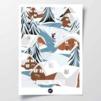 Affiche murale d’un chalet sur les pistes, tons blanc, bleu et marron pour décoration Affiche murale d’un chalet sur les pistes, tons blanc, bleu et marron pour décoration