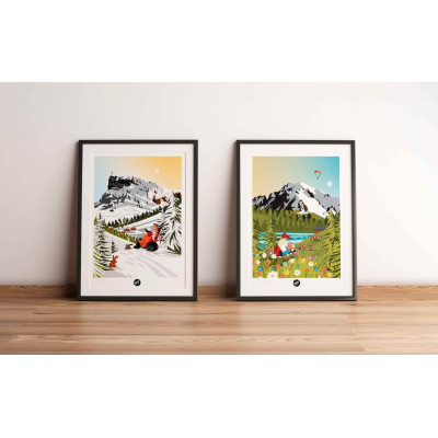 Wall poster of a coffee break in a green field between a lake and white and blue mountains for decoration Wall poster of a coffee break in a green field between a lake and white and blue mountains for decoration