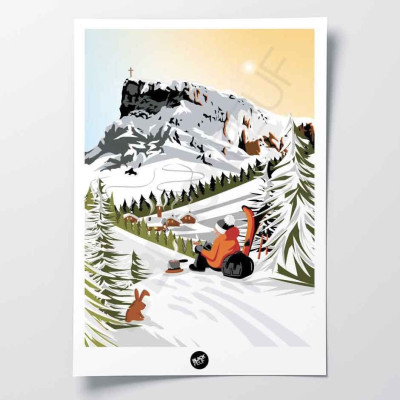 Poster murale di un caffè in un ambiente montano innevato, nei toni del verde, dell'arancione e del giallo per decorazione Poster murale di un caffè in un ambiente montano innevato, nei toni del verde, dell'arancione e del giallo per decorazione