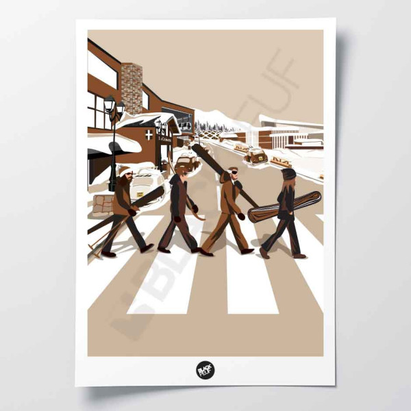 Zurück auf der Straße, Wandposter mit Skifahrern, die auf der Straße laufen und mit der Hand Ski fahren zur Dekoration.