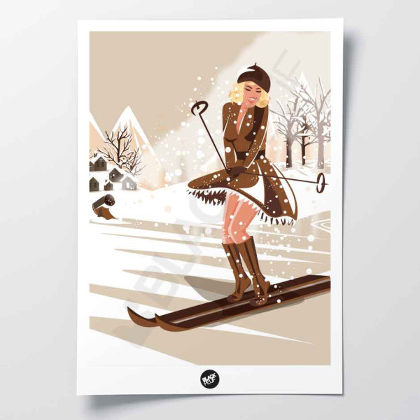 Wall poster of a woman on skis in a skirt under the white and beige snow for decoration.