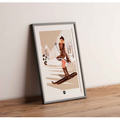 Wall poster of a woman on skis in a skirt under the white and beige snow for decoration. Wall poster of a woman on skis in a skirt under the white and beige snow for decoration.