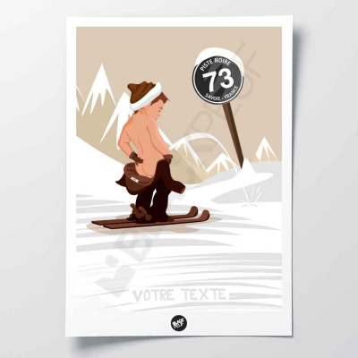 Poster da parete raffigurante sciatori del Manneken Pis che fanno pipì nella neve bianca su sfondo beige a scopo decorativo. Poster da parete raffigurante sciatori del Manneken Pis che fanno pipì nella neve bianca su sfondo beige a scopo decorativo.