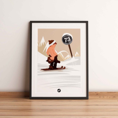 Wall poster with Manneken Pis skiers urinating in white snow on a beige background, for decorative purposes. Wall poster with Manneken Pis skiers urinating in white snow on a beige background, for decorative purposes.