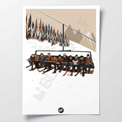 Wandposter „Mittagszeit am Sessellift. Die Skifahrer des Resorts fahren auf dem weißen Schnee Ski“ Hintergrund zur Dekoration. Wandposter „Mittagszeit am Sessellift. Die Skifahrer des Resorts fahren auf dem weißen Schnee Ski“ Hintergrund zur Dekoration.
