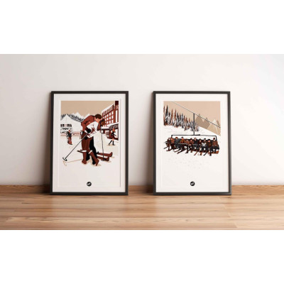 Wandposter „Mittagszeit am Sessellift. Die Skifahrer des Resorts fahren auf dem weißen Schnee Ski“ Hintergrund zur Dekoration. Wandposter „Mittagszeit am Sessellift. Die Skifahrer des Resorts fahren auf dem weißen Schnee Ski“ Hintergrund zur Dekoration.