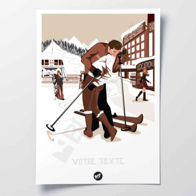Decorative wall poster depicting a ski lesson and a kiss, featuring a couple of skiers kissing on white snow Decorative wall poster depicting a ski lesson and a kiss, featuring a couple of skiers kissing on white snow