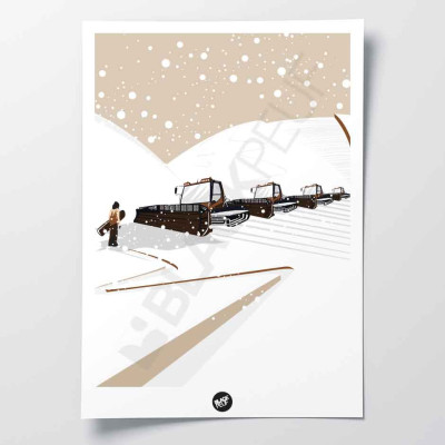 Snow groomer vs. powder snow wall poster on white snow beige background for decoration. Snow groomer vs. powder snow wall poster on white snow beige background for decoration.