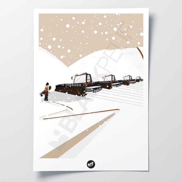 Snow groomer vs. powder snow wall poster on white snow beige background for decoration.