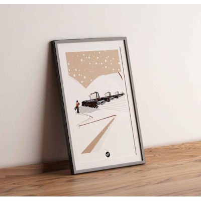 Snow groomer vs. powder snow wall poster on white snow beige background for decoration. Snow groomer vs. powder snow wall poster on white snow beige background for decoration.