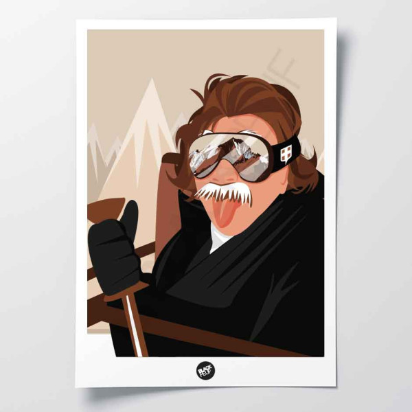 Unconventional wall poster depicting a grandfather sticking his tongue out while skiing, with humor as decoration.