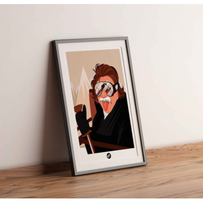 Unconventional wall poster depicting a grandfather sticking his tongue out while skiing, with humor as decoration. Unconventional wall poster depicting a grandfather sticking his tongue out while skiing, with humor as decoration.