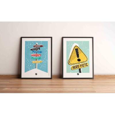Off-piste signage wall poster, yellow and green ski resort sign for decoration. Off-piste signage wall poster, yellow and green ski resort sign for decoration.