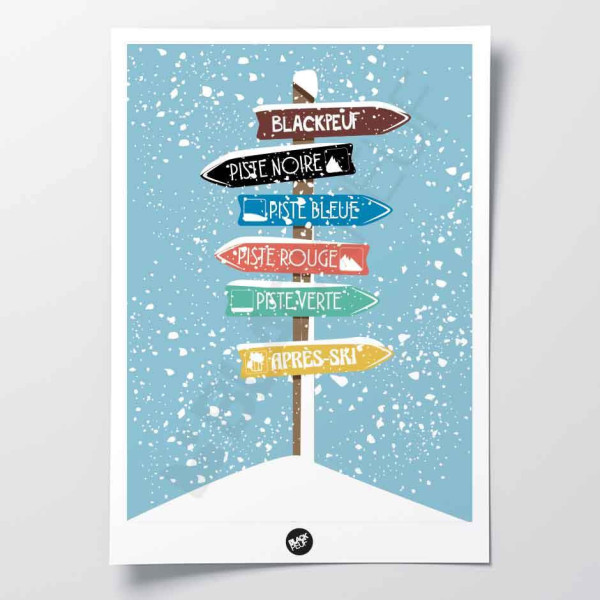 Affiche murale signalétique panneau piste de ski en station bleu et multicolor pour la décoration.