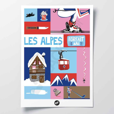 Französisches Patchwork-Wandposter mit der Darstellung der Savoyer Alpen in Rosa und Blau zur Dekoration.