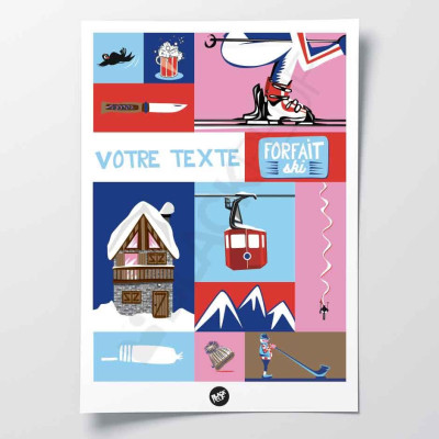 Französisches Patchwork-Wandposter mit der Darstellung der Savoyer Alpen in Rosa und Blau zur Dekoration.
