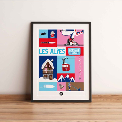 Französisches Patchwork-Wandposter mit der Darstellung der Savoyer Alpen in Rosa und Blau zur Dekoration.