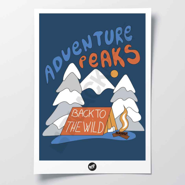 The Patch Adventure Peaks wall poster with the image of a campfire in the forest, blue and red, is intended for decoration.