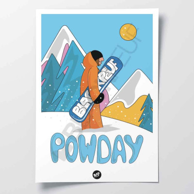 Affiche murale patch powday snowboarder sur la neige bleu et blanche pour la décoration.