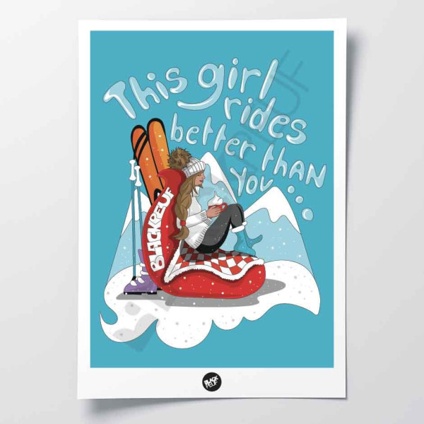 Affiche murale patch this girl file au ski humour en bleu pour la décoration.