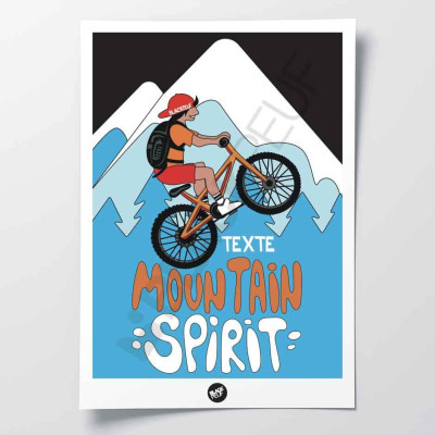Affiche murale patch mountain spirit vélo sport de montagne bleu et rouge pour la décoration.