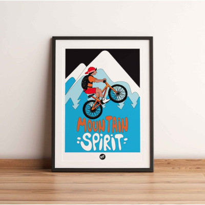 Affiche murale patch mountain spirit vélo sport de montagne bleu et rouge pour la décoration.