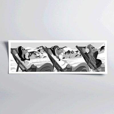 Retro black and white wall poster of three female skiers in deckchairs for decoration