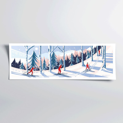 Poster murale di sci di fondo nella foresta in blu, bianco e rosso per decorazione Poster murale di sci di fondo nella foresta in blu, bianco e rosso per decorazione