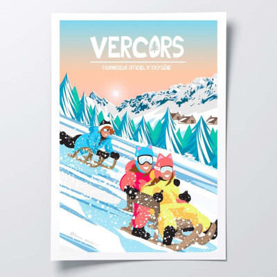 Affiche murale versons luge en station de ski enneigée blanc bleu et vert pour la décoration. Affiche murale versons luge en station de ski enneigée blanc bleu et vert pour la décoration.