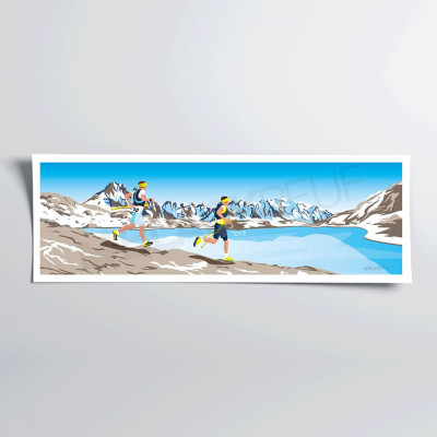 Trail wall poster by the blue lake runner in the mountains for decoration.