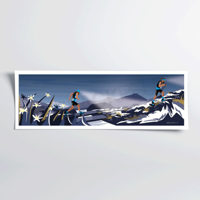 Poster da parete raffigurante un sentiero con una lampada frontale che corre di notte, blu e viola, a scopo decorativo. Poster da parete raffigurante un sentiero con una lampada frontale che corre di notte, blu e viola, a scopo decorativo.