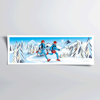 Affiche murale traileurs dans la neige, couleurs bleu, blanc et rouge pour décoration Affiche murale traileurs dans la neige, couleurs bleu, blanc et rouge pour décoration