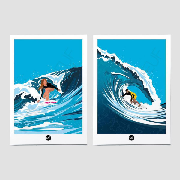 Poster da parete di un duo di surfisti maschio e femmina che cavalcano le onde, nei toni del blu, per decorazione