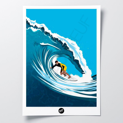 Affiche murale pack d’un duo surfeur et surfeuse surfant des vagues, aux tons bleus, pour décoration Affiche murale pack d’un duo surfeur et surfeuse surfant des vagues, aux tons bleus, pour décoration